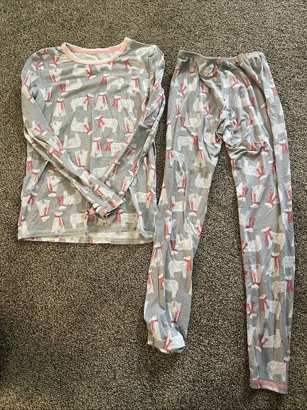 Cuddl Duds Grey Polar Bear Pajama Set with Red Scarf Accents